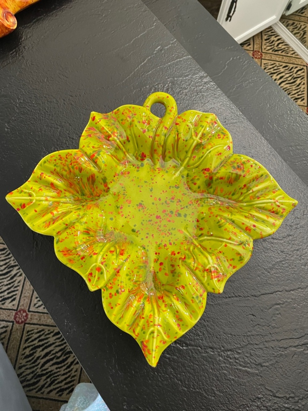 Vintage Ceramic Leaf Shaped Glass Dish in Speckled Lime. Beautiful color!